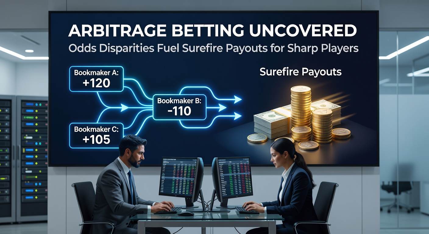 Digital screen displaying multiple sportsbooks with varying odds on the same event, highlighting arbitrage opportunities