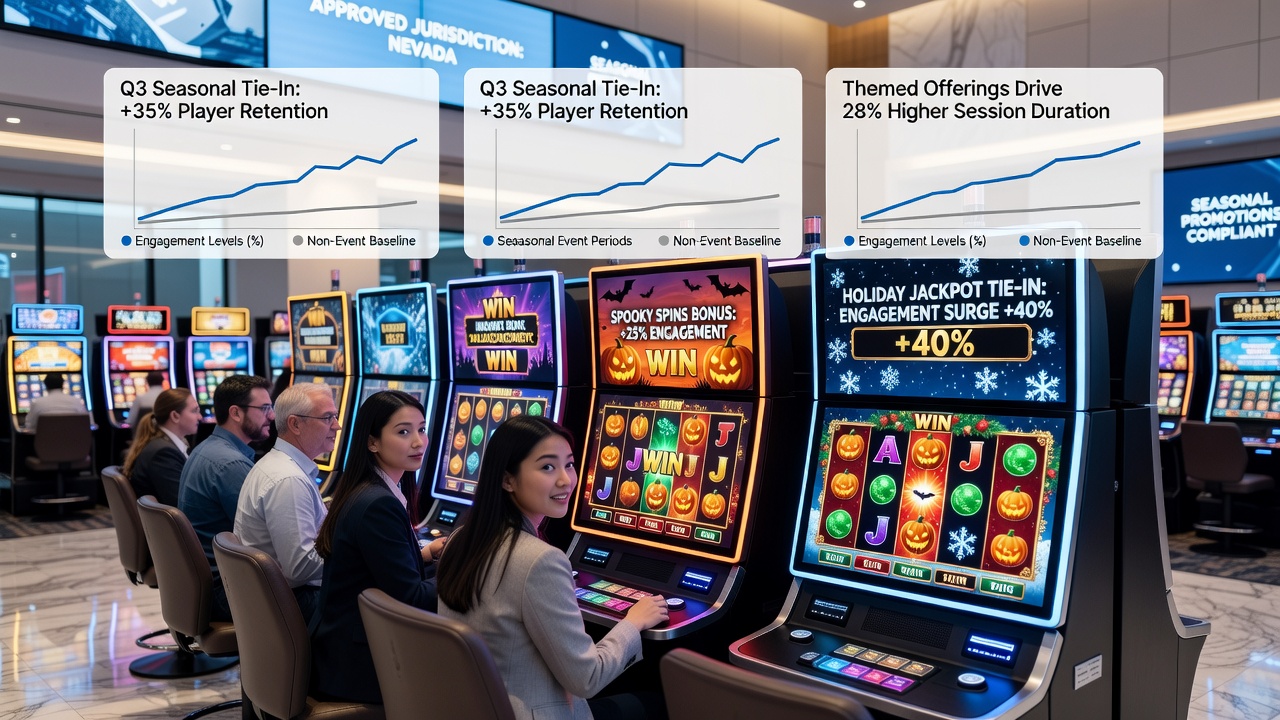 Themed slot machines decorated for seasonal events like holidays in a casino floor setting