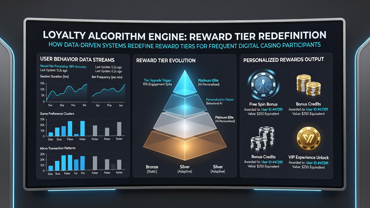 Screenshot of a digital casino dashboard displaying personalized reward tier progression and algorithm-driven offers