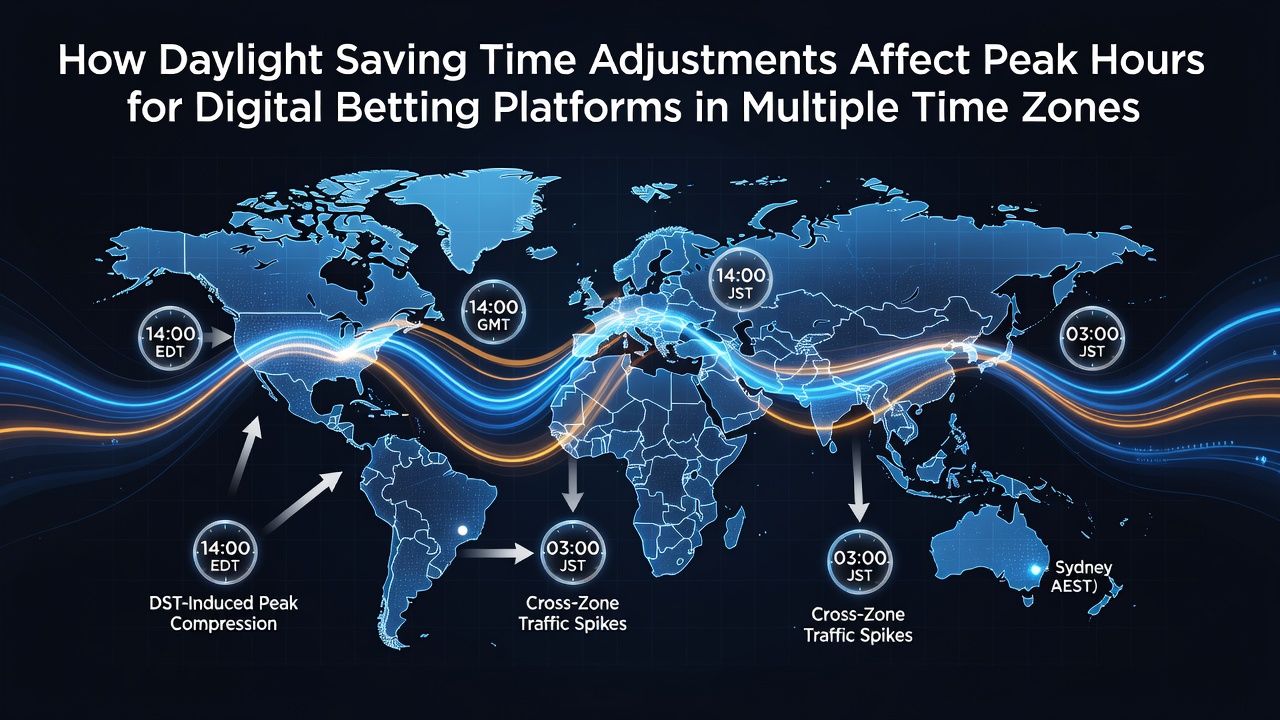 Digital betting platform interface showing time zone clocks and peak hour graphs during daylight saving transitions