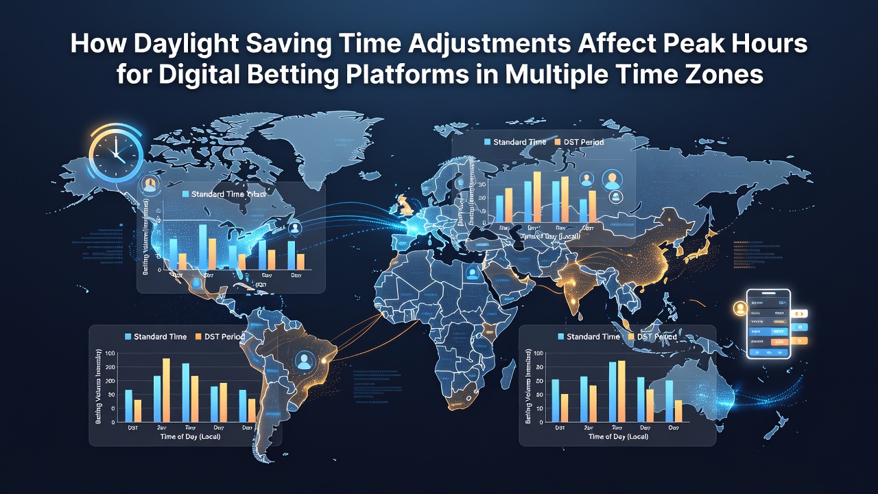 Analytics dashboard displaying shifted peak betting hours across US, Europe, and Australian time zones after daylight saving changes