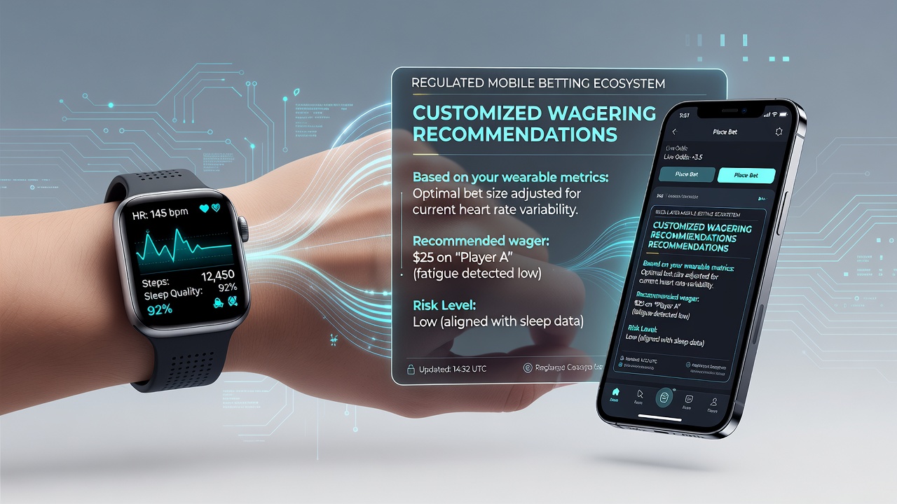 Wearable fitness tracker displaying heart rate and activity data synced with a mobile betting app interface