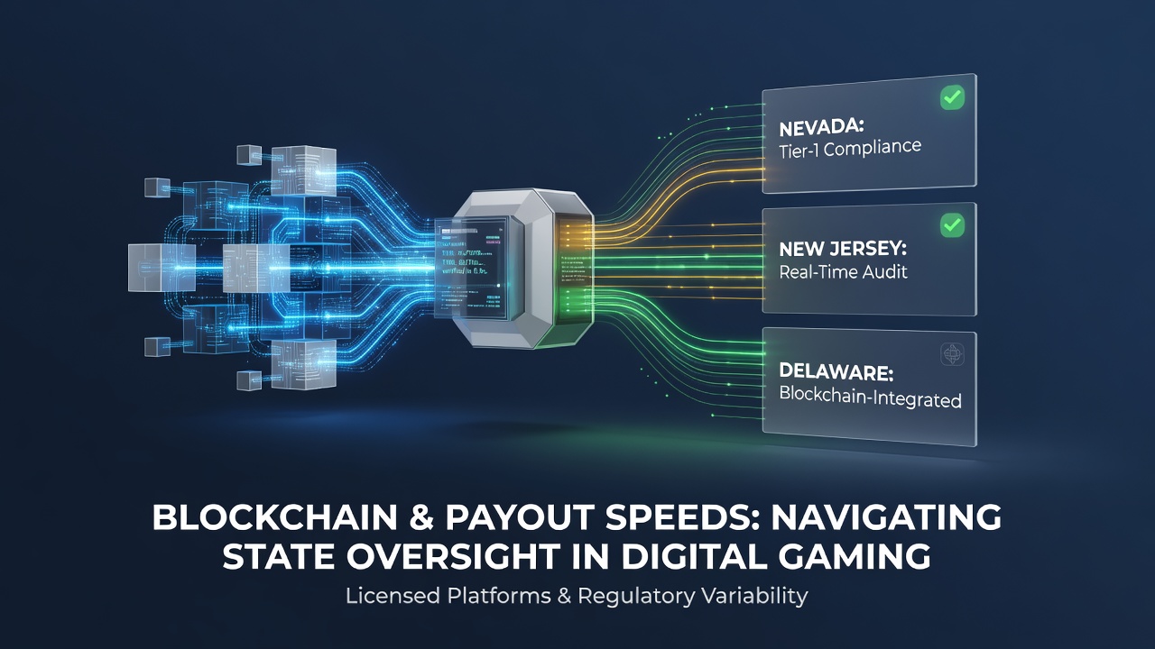 Blockchain nodes connecting digital gaming platforms with state regulatory oversight icons in a network diagram