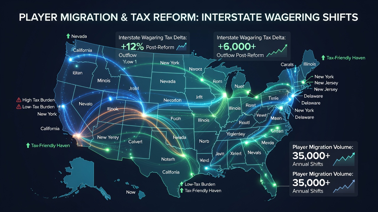 Map showing player activity shifts across U.S. states after tax changes on interstate wagering winnings