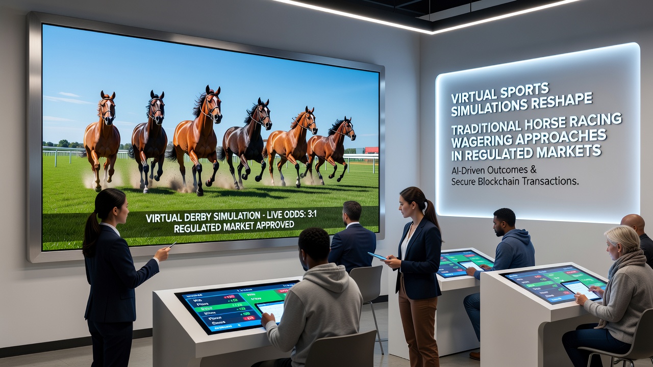 Bettors reviewing virtual race statistics on a tablet device in a regulated wagering environment