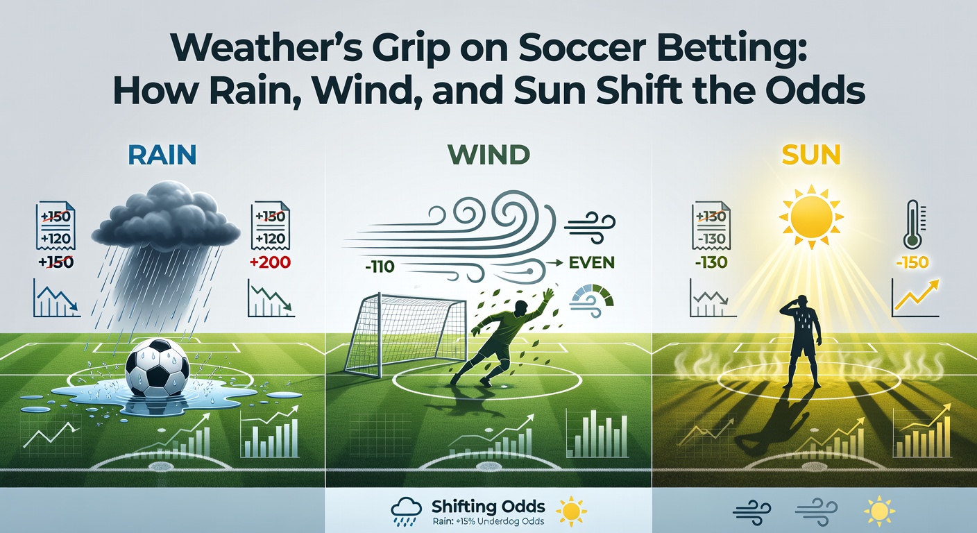 Soccer players battling heavy rain on a waterlogged pitch during a Premier League match, highlighting weather's dramatic influence on gameplay and betting dynamics